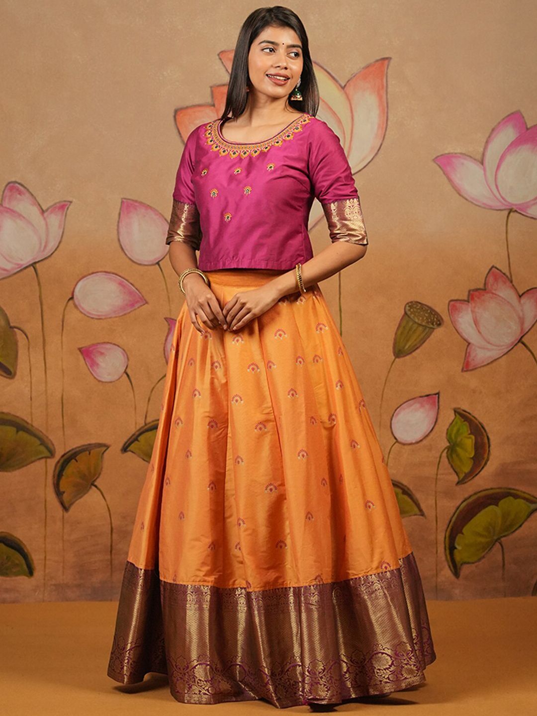 Floral Embroidered With Foil Mirror Embellished Top & Printed With Contrast Zari Border Skirt Set - Pink & Yellow