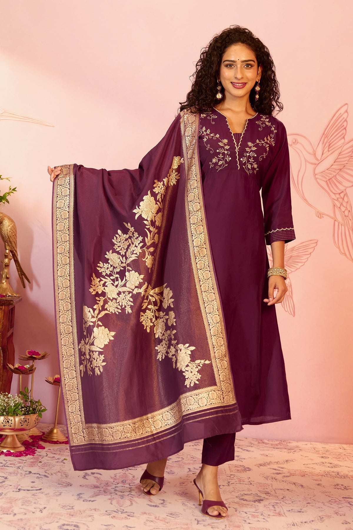 Purple Embroidered Straight Kurta Set