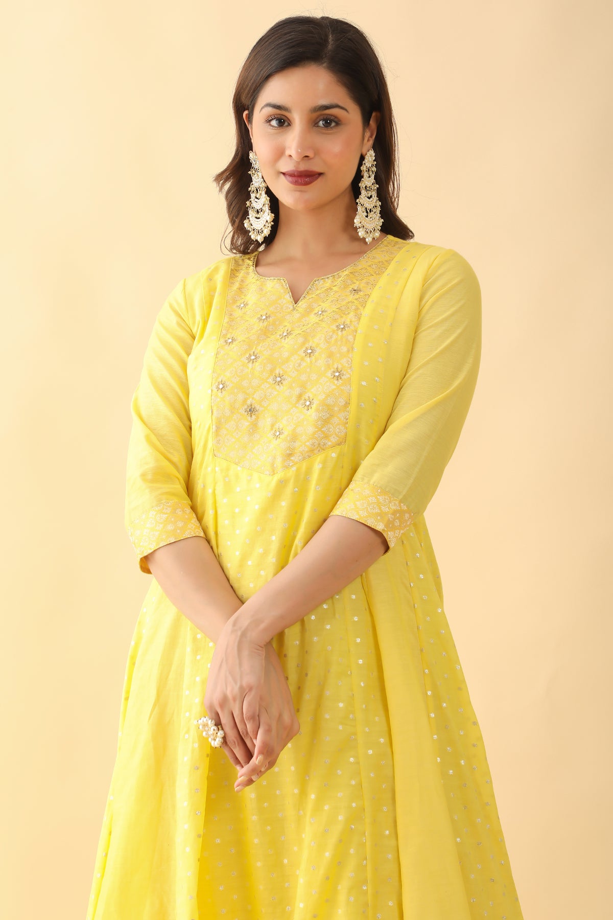 All Over Floral Weave With Brocade Yoke Anarkali Yellow