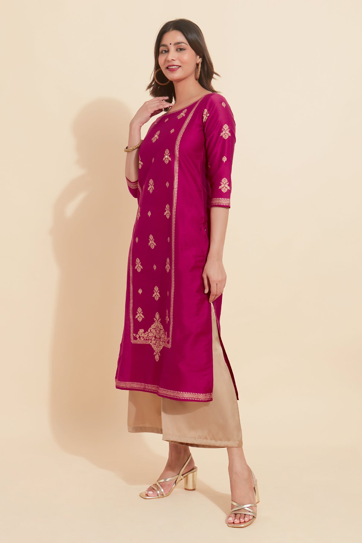 All Over Peacock Motif Printed With Foil Mirror Embellished Kurta - Pink