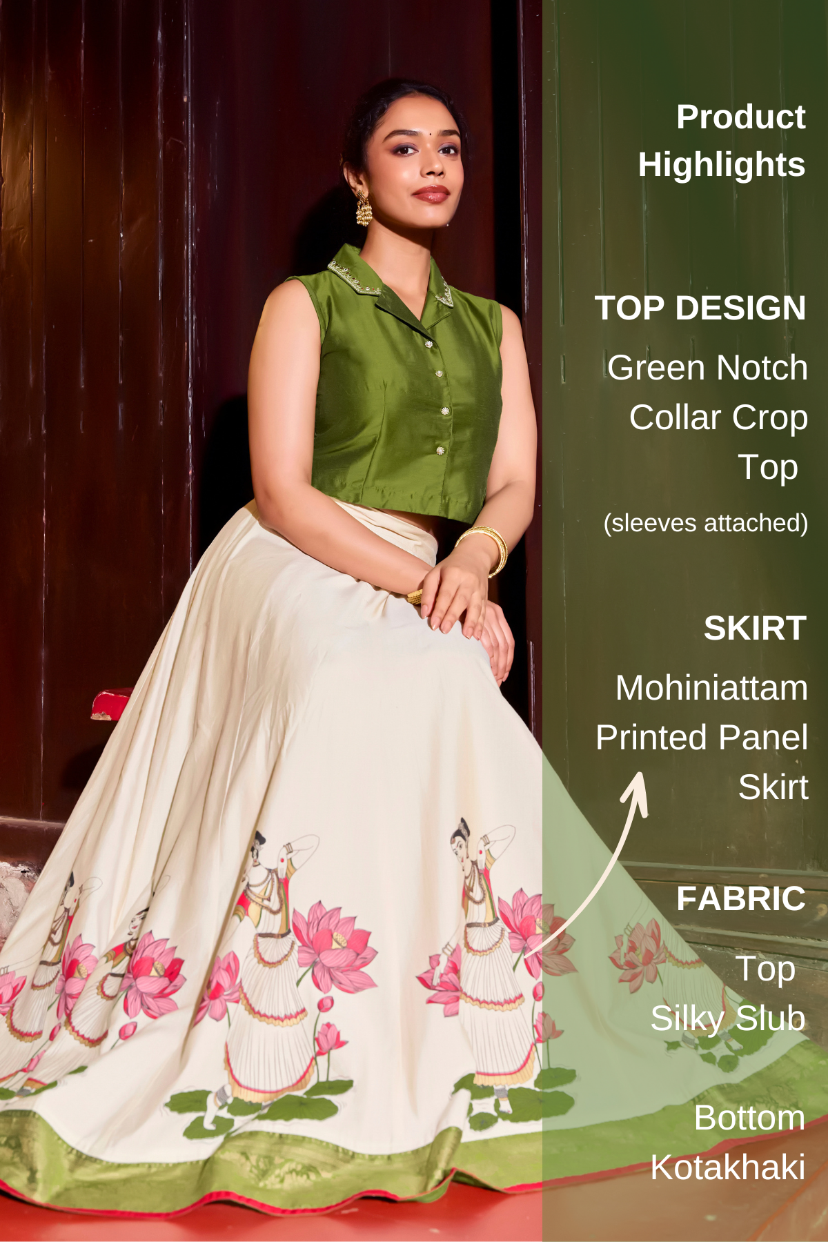 Green Notch Collar Crop Top & Mohiniyattam Printed Skirt Set