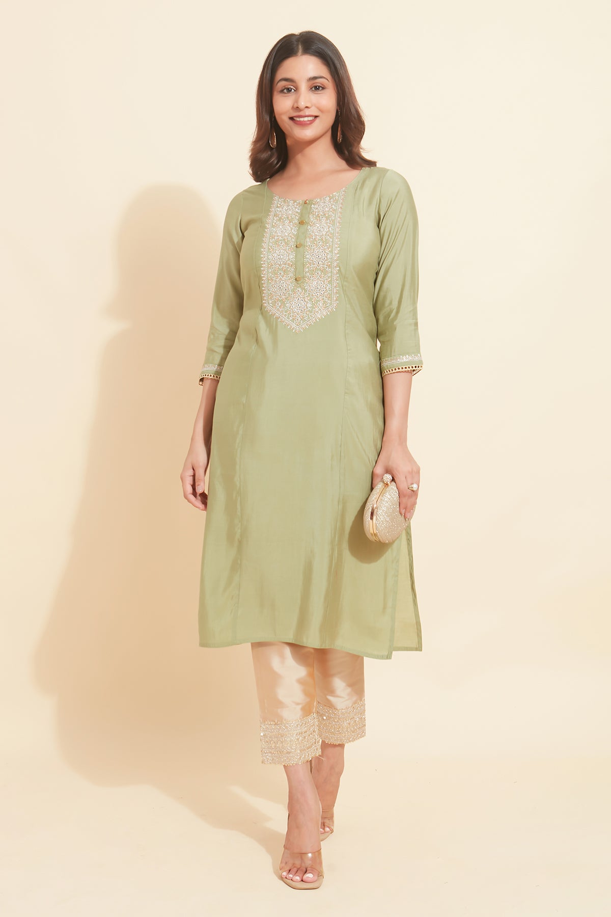 Mandala Embroidered With Foil Mirror Embellished Kurta Green