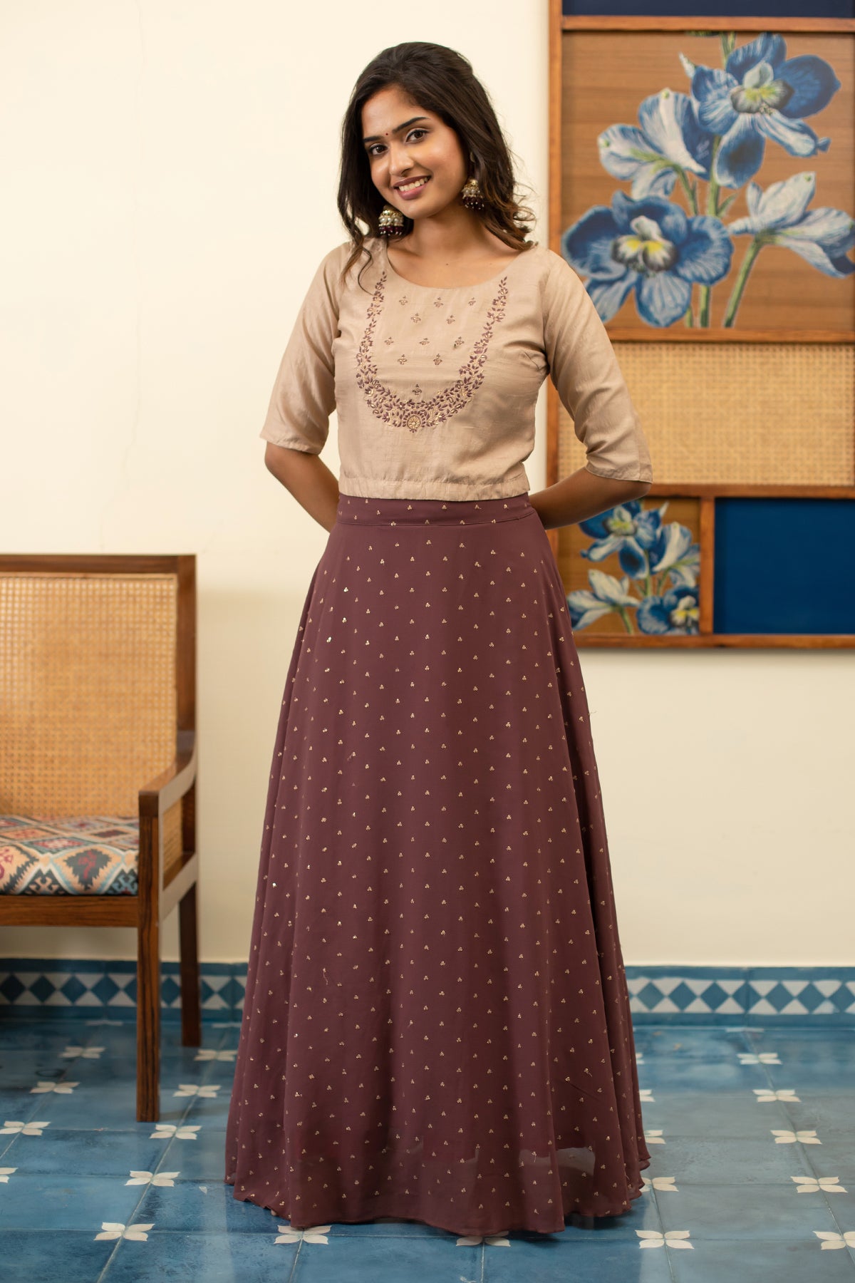 Floral Motif Embroidered Crop Top & All Over Sequin Skirt Set - Beige & Brown