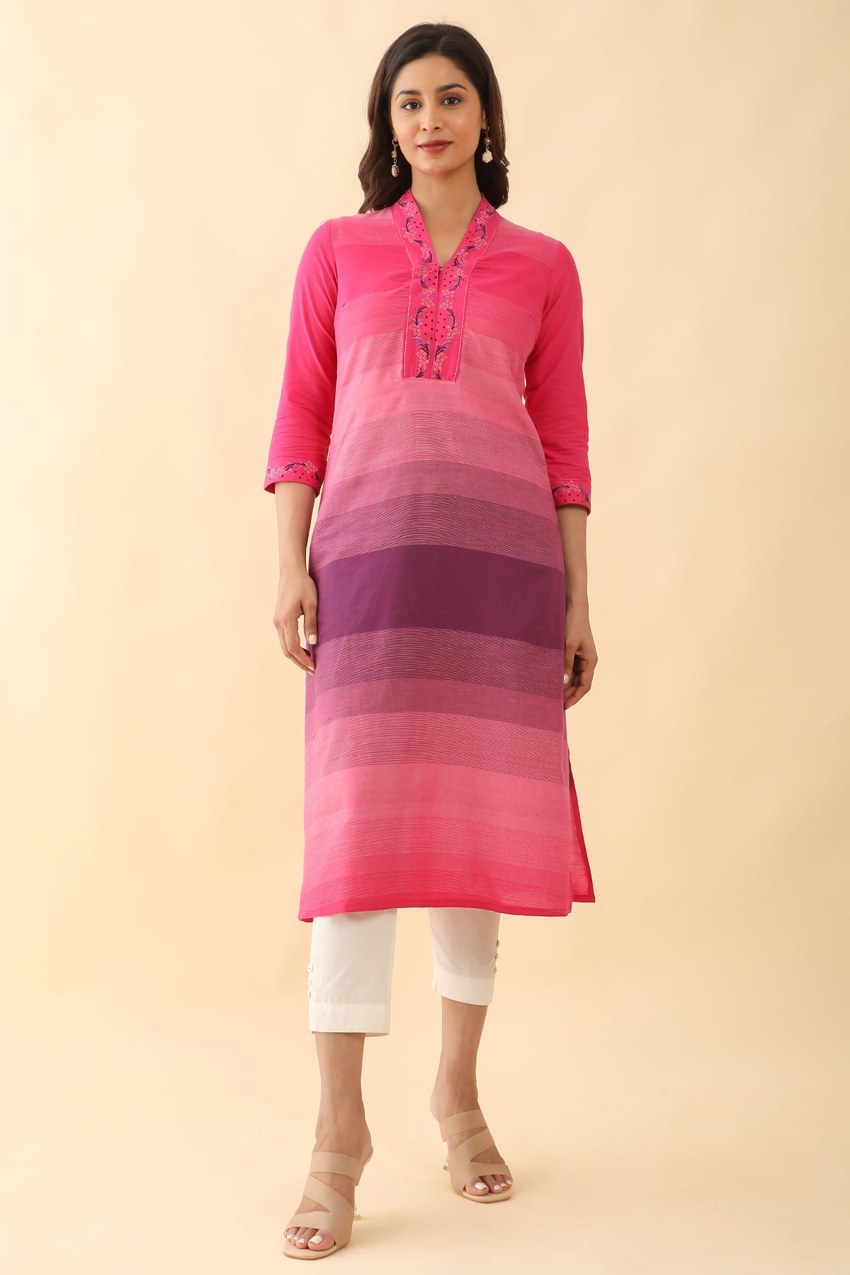 Floral Embroidered With Strips Printed Kurta Pink