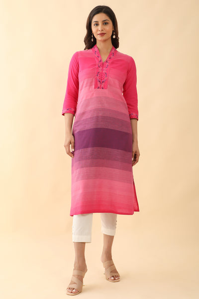 Floral Embroidered With Strips Printed Kurta - Pink