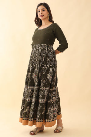 Contemporary Birds Printed Anarkali Green