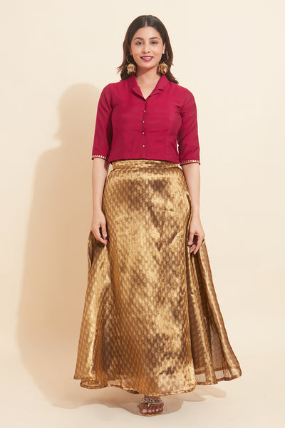 Solid Collar Shirt Style Crop Top & Paisley Brocade Skirt Set - Magenta & Gold