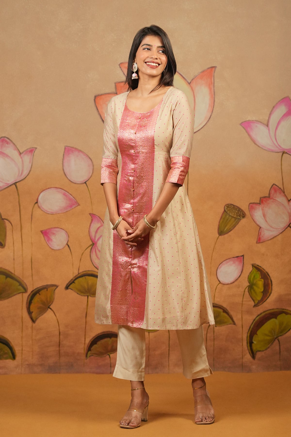 Allover Polka Dot With Silk Zark patchwork Kurta Beige