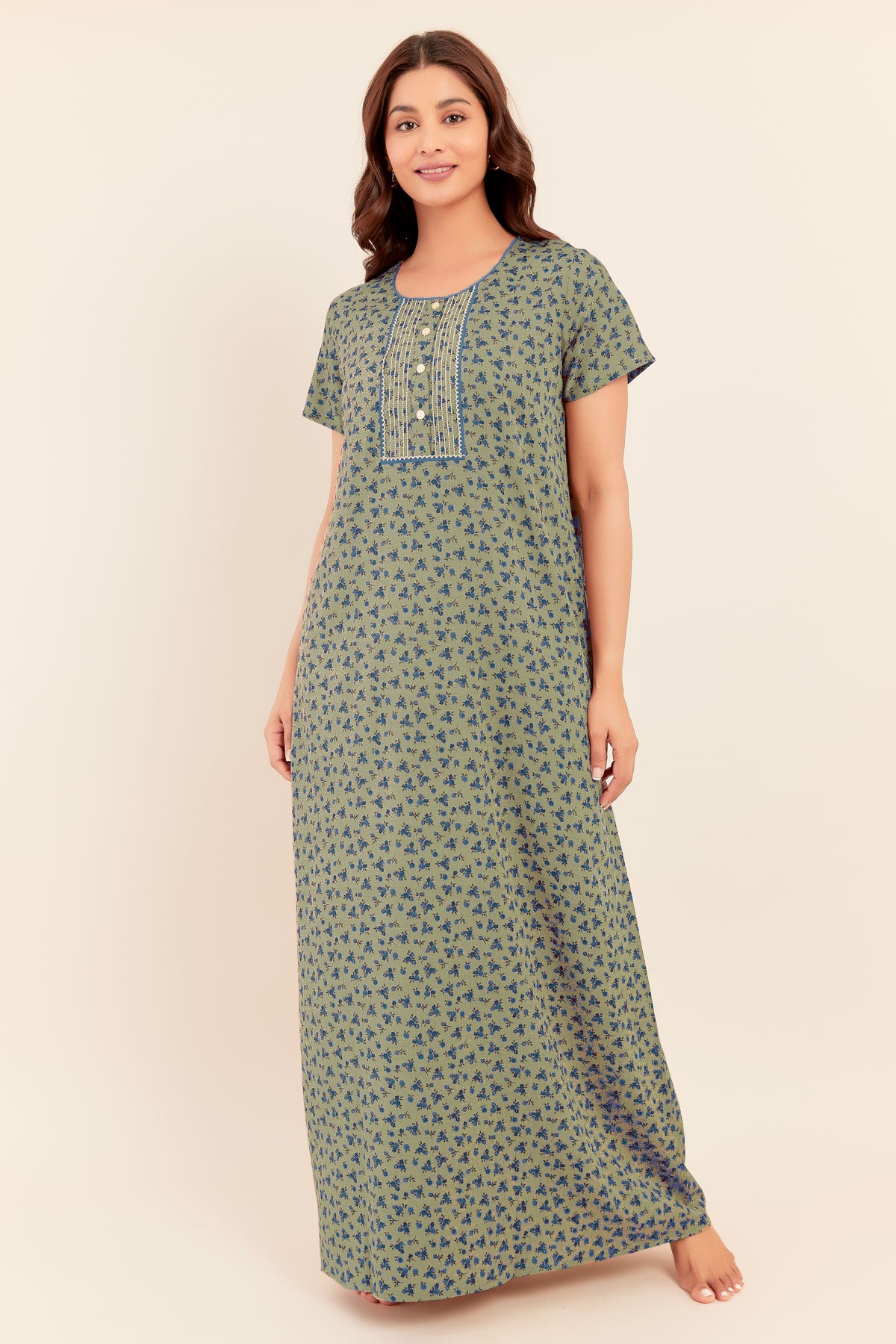 All Over Ditsy Floral Print With Embroidered Yoke Nighty - Blue