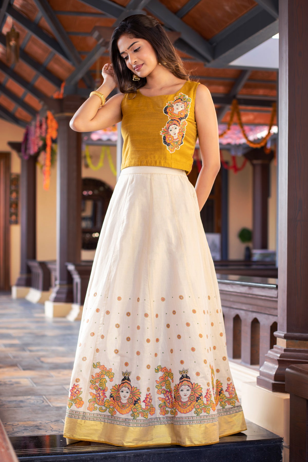 Mural Motif Placement Embroidered Crop Top & Printed Skirt Set - Mustard & Off-White