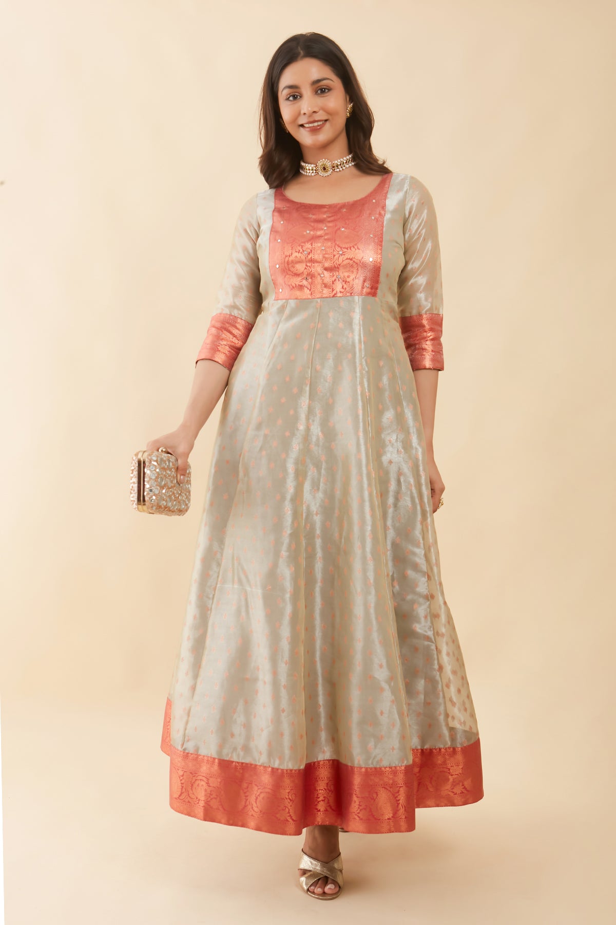 All Over Floral Weave With Brocade Yoke Anarkali Metallic