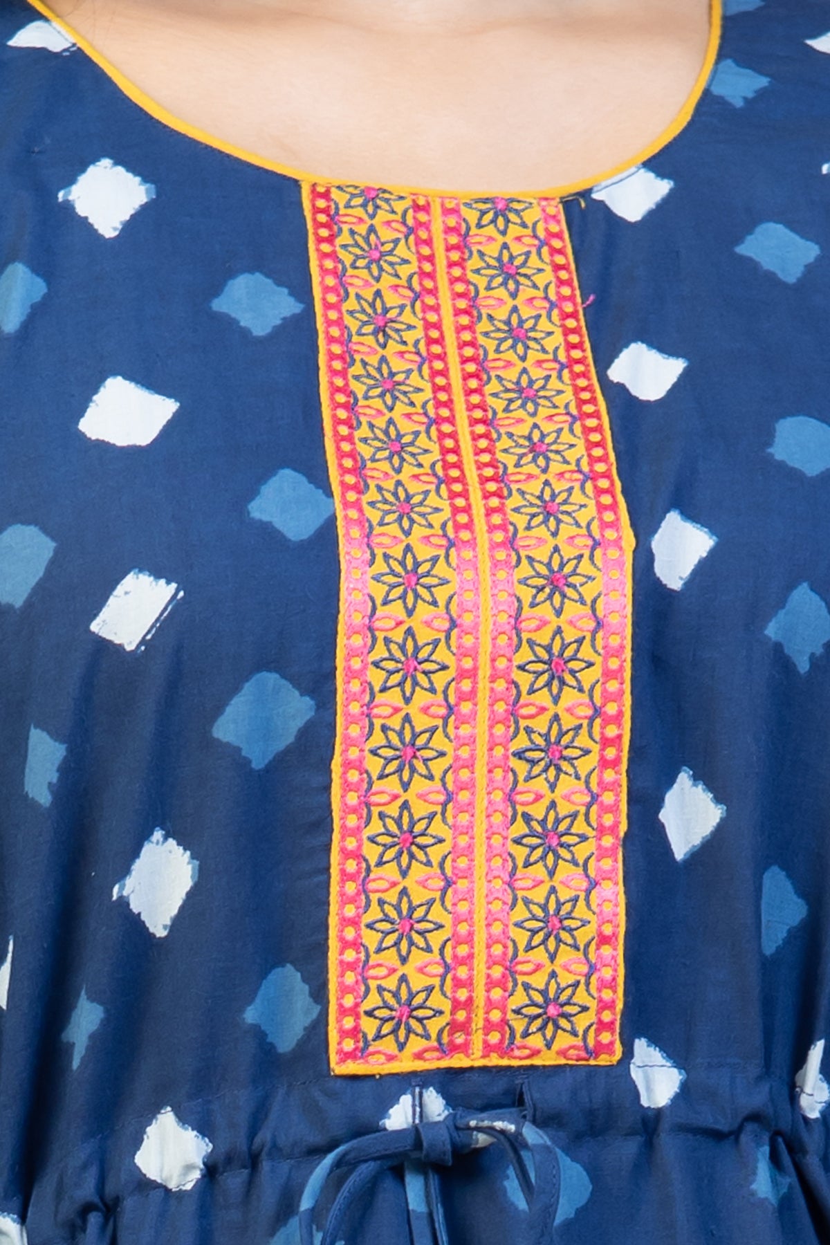 All Over Geometric Printed With Floral Embroidered Yoke Kaftan Nighty Blue