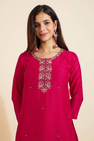 Floral Beads Embroidered Yoke With Embellished Dupatta - Pink