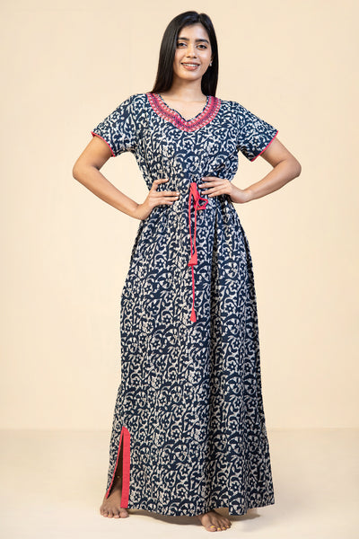 All Over Batik Printed with Embroidered Yoke - Navy
