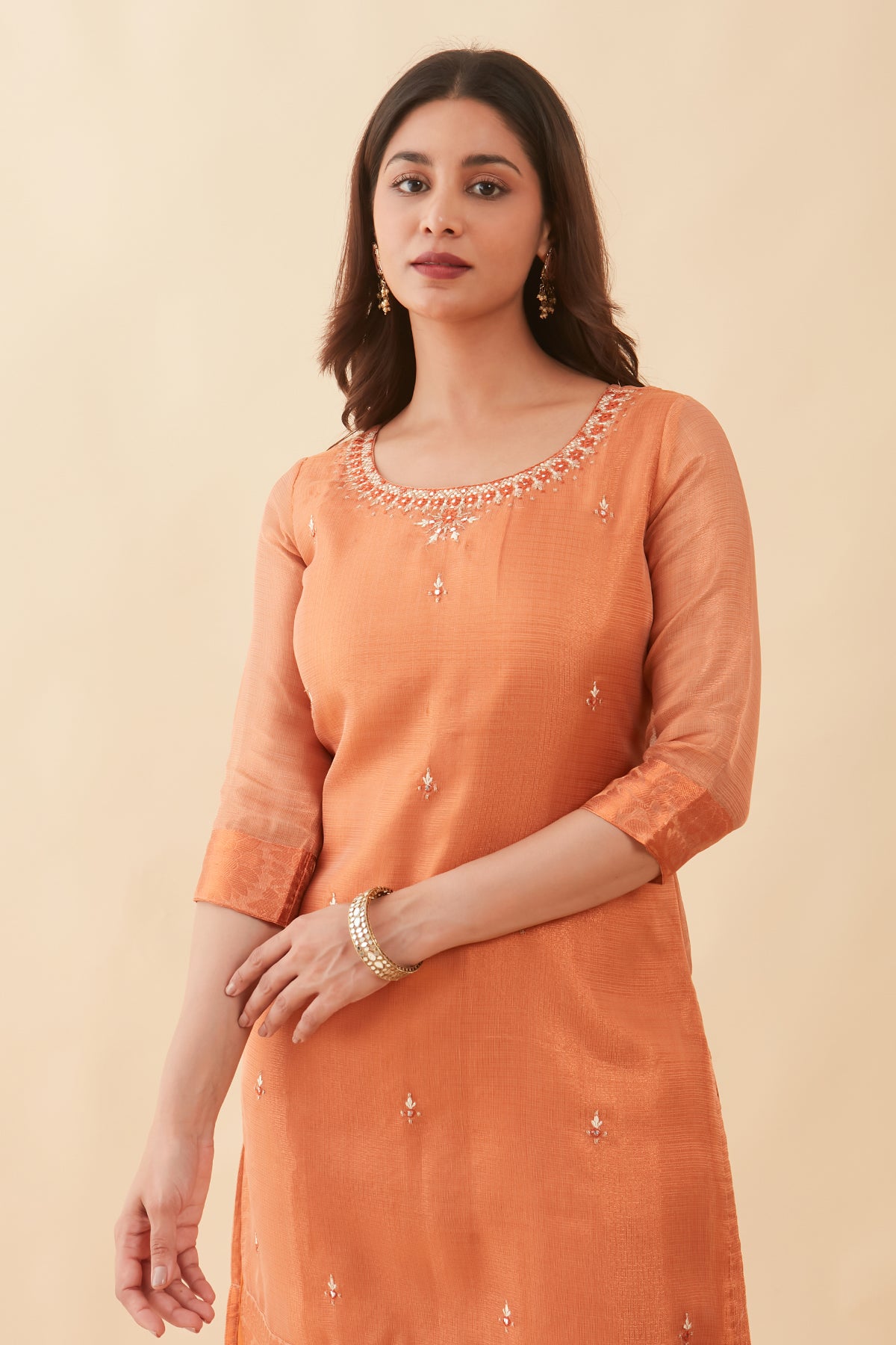 Floral Embroidered With Mirror Embellished Kurta Set With Brocade Dupatta - Orange & Beige