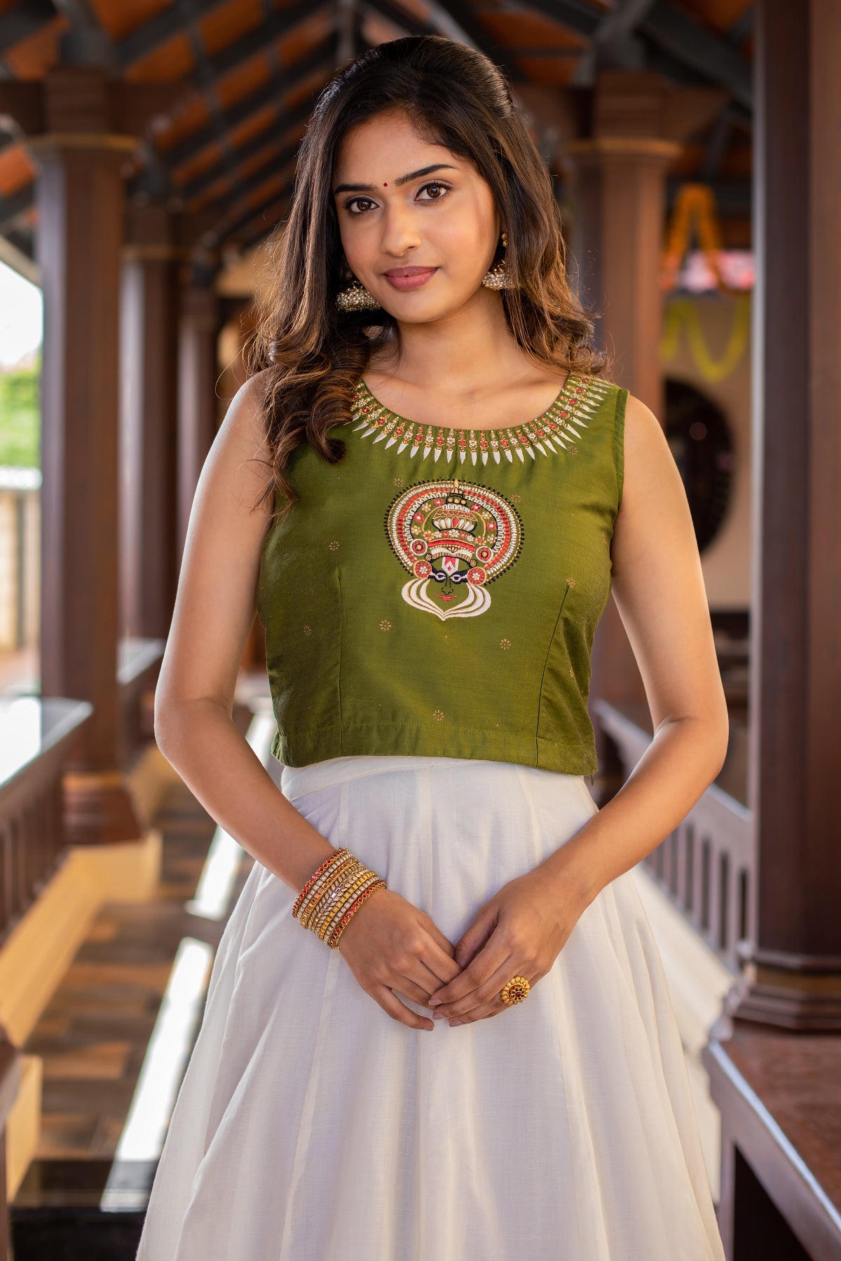 Kathakali Motif Placement Embroidered Crop Top & Printed Skirt Set - Green & Off-White