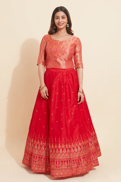 Ikkat Printed Top With Geometric Printed Skirt Set - Red