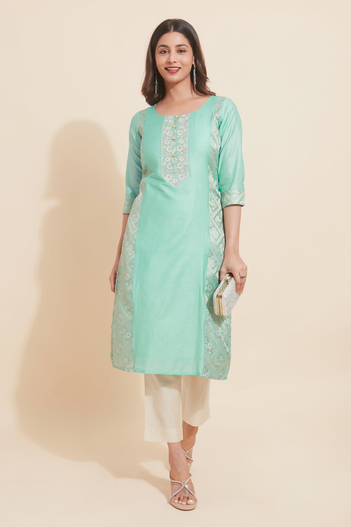 Floral Embroidered With Brocade Panelled Kurta Green