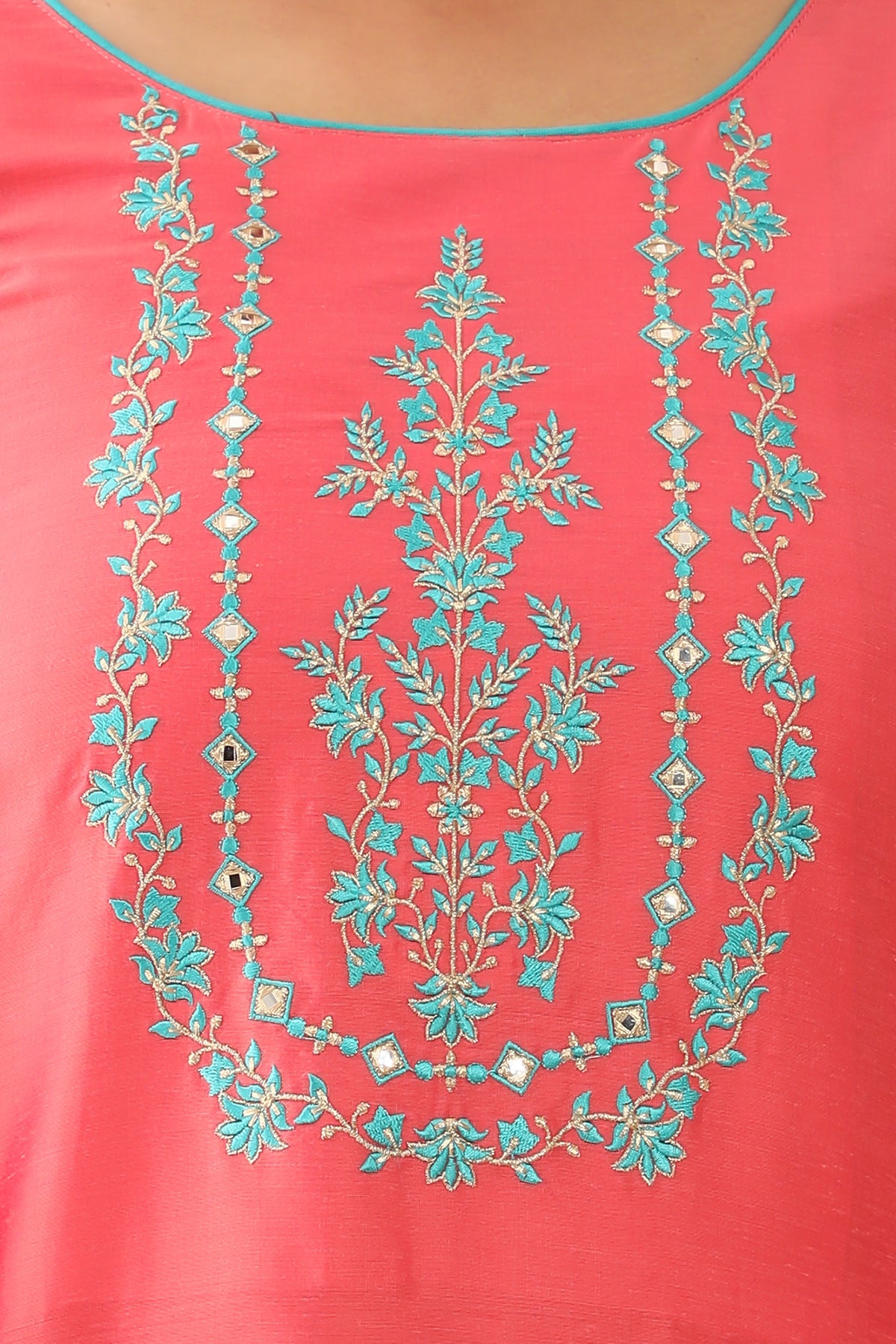 Floral Embroidered With Foil Mirror Embellished Kurta Set Pink Blue