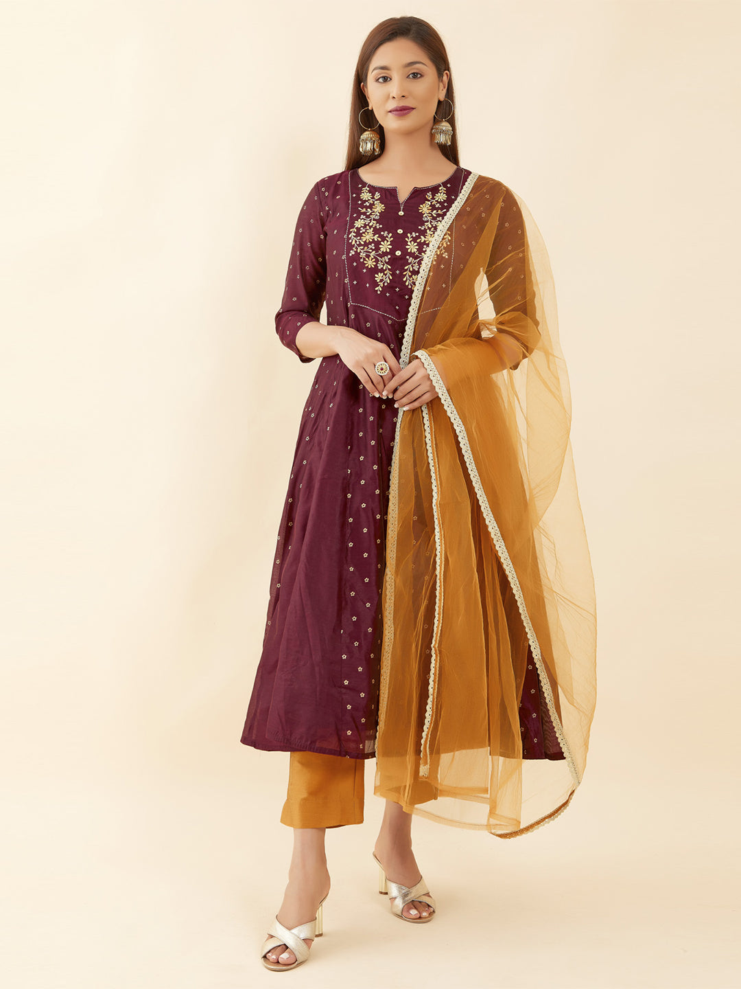 All Over Butta Print Floral Embroidered Yoke Kurta Set With Net Dupatta - Maroon & Mustard