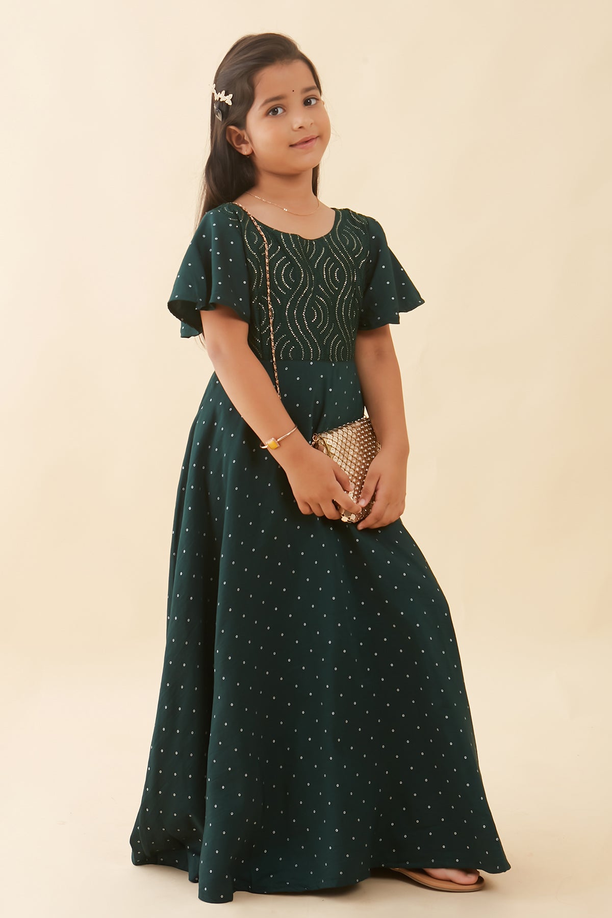 All Over Printed With Sequins Yoke Anarkali Green