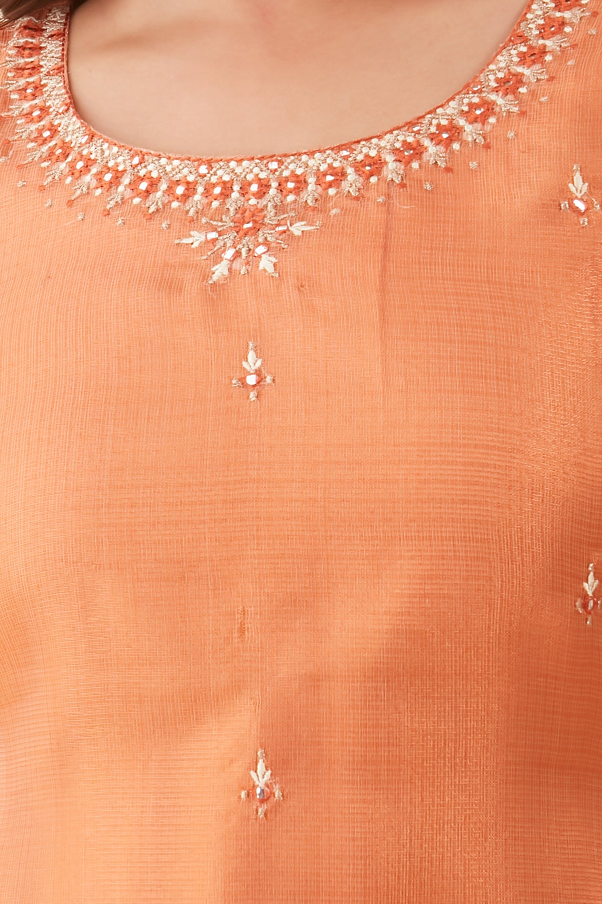 Floral Embroidered With Mirror Embellished Kurta Set With Brocade Dupatta - Orange & Beige