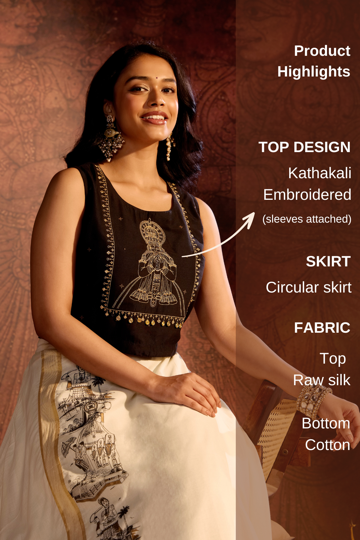 Black & Off White Kathakali Embroidered Skirt Set