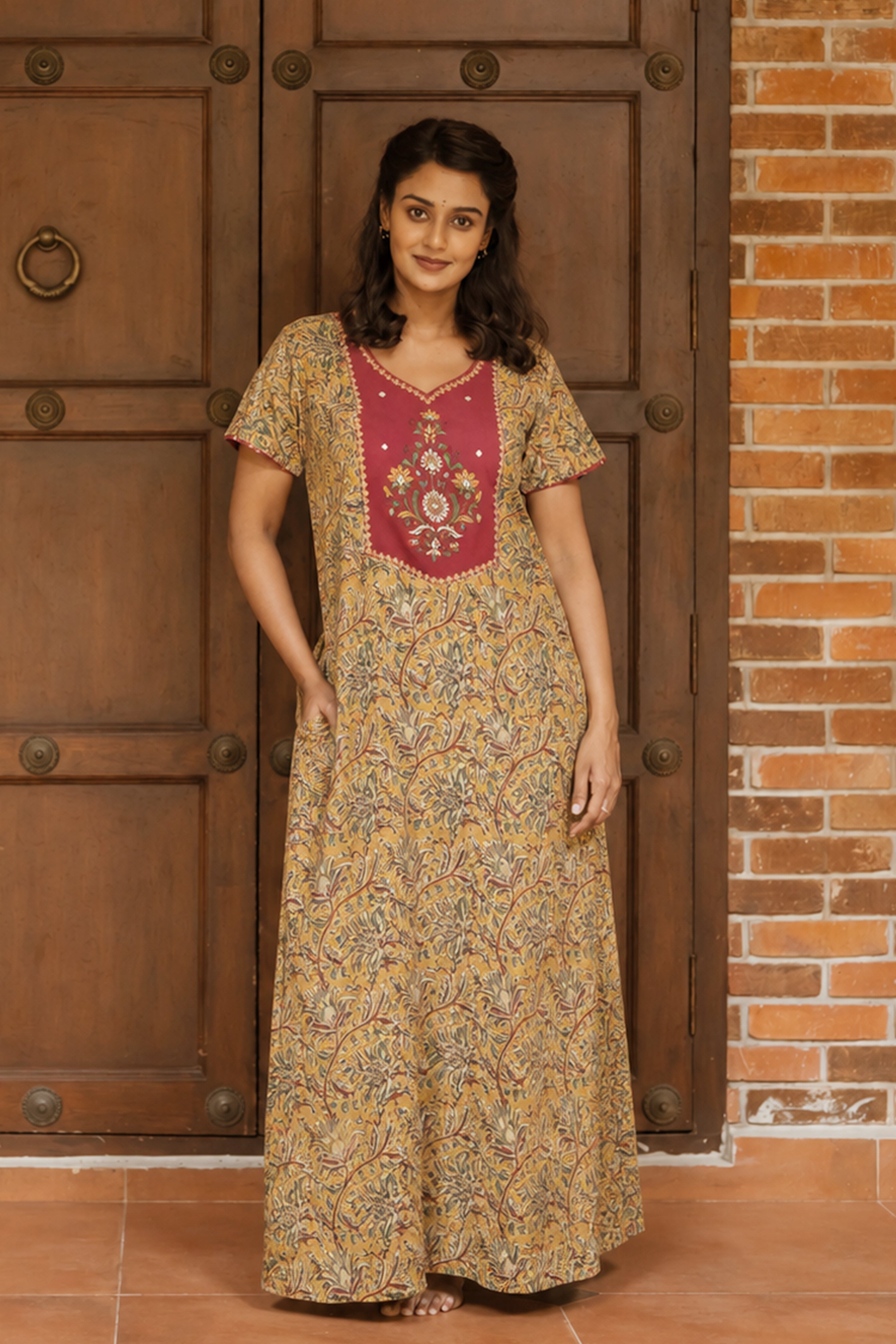 Mustard Kalamkari Cotton Nightwear