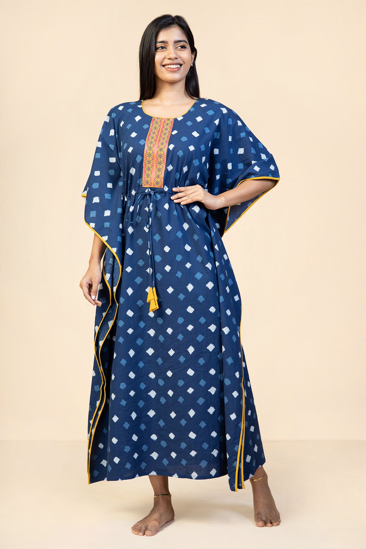 All Over Geometric Printed With Floral Embroidered Yoke Kaftan Nighty - Blue