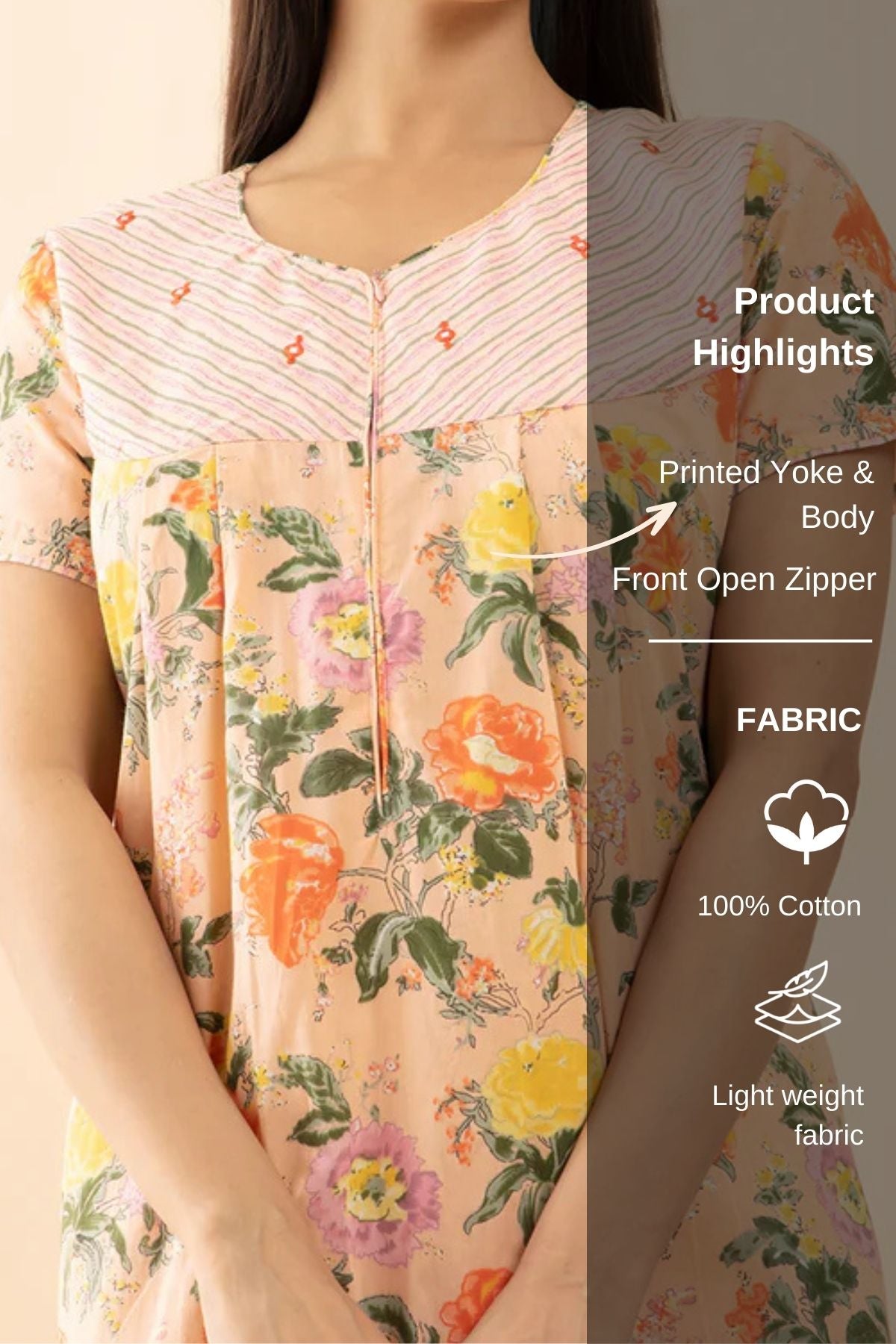 Floral Printed Cotton Nighty with Foil Mirror - Peach