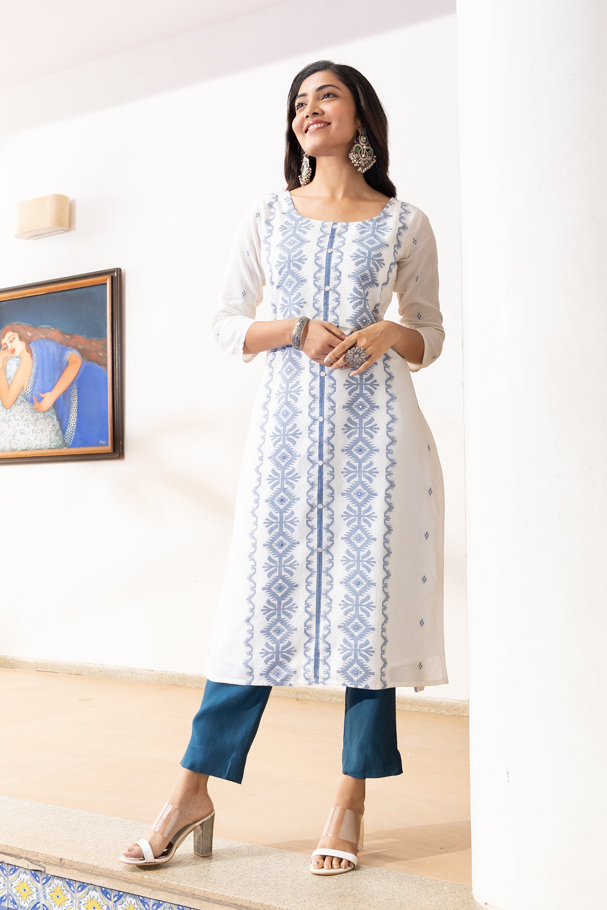 Jamdhani Weave Kurta with Foil Mirror Embellishments Blue White