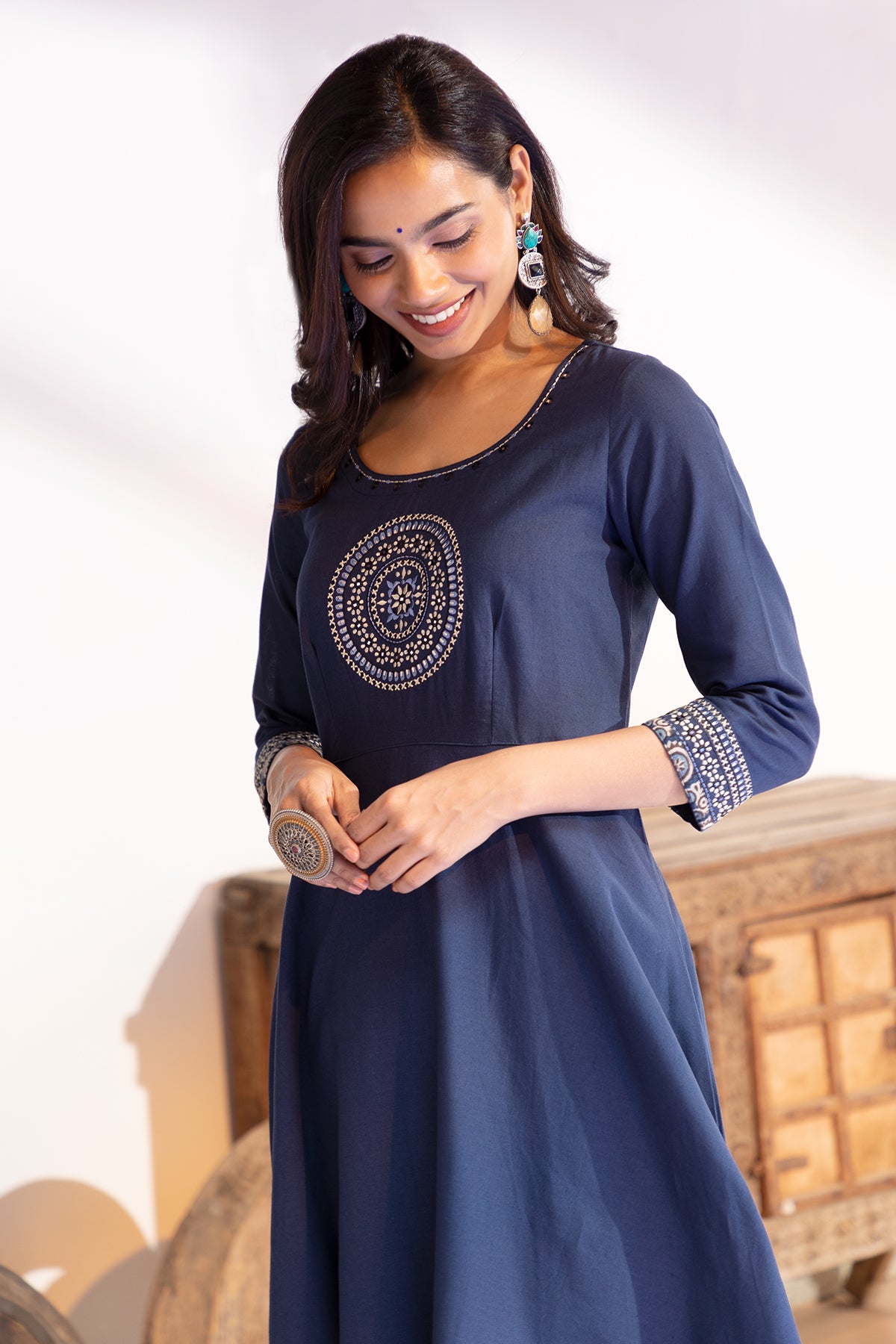 Kalamkari Anarkali with Manadala Embroidered Yoke - Blue