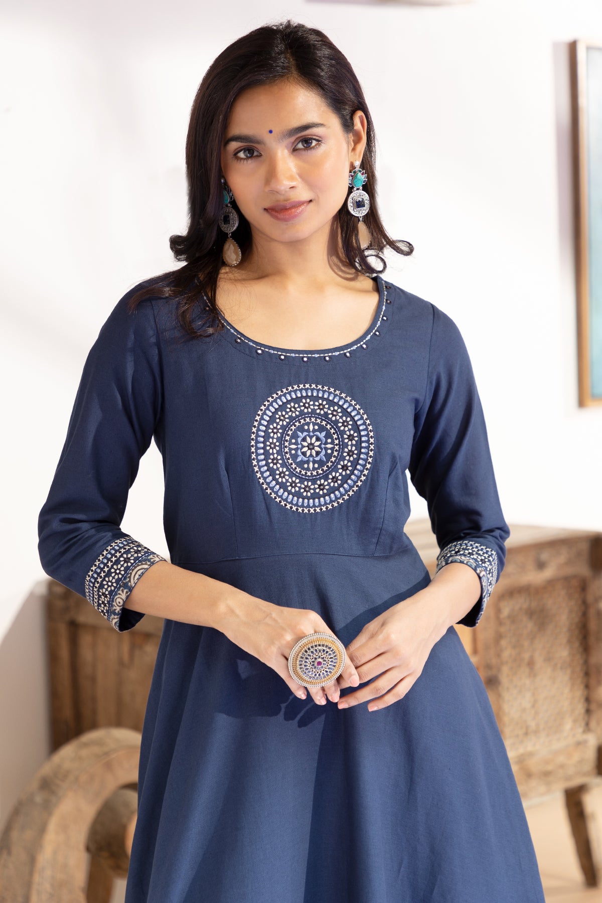 Kalamkari Anarkali with Manadala Embroidered Yoke - Blue
