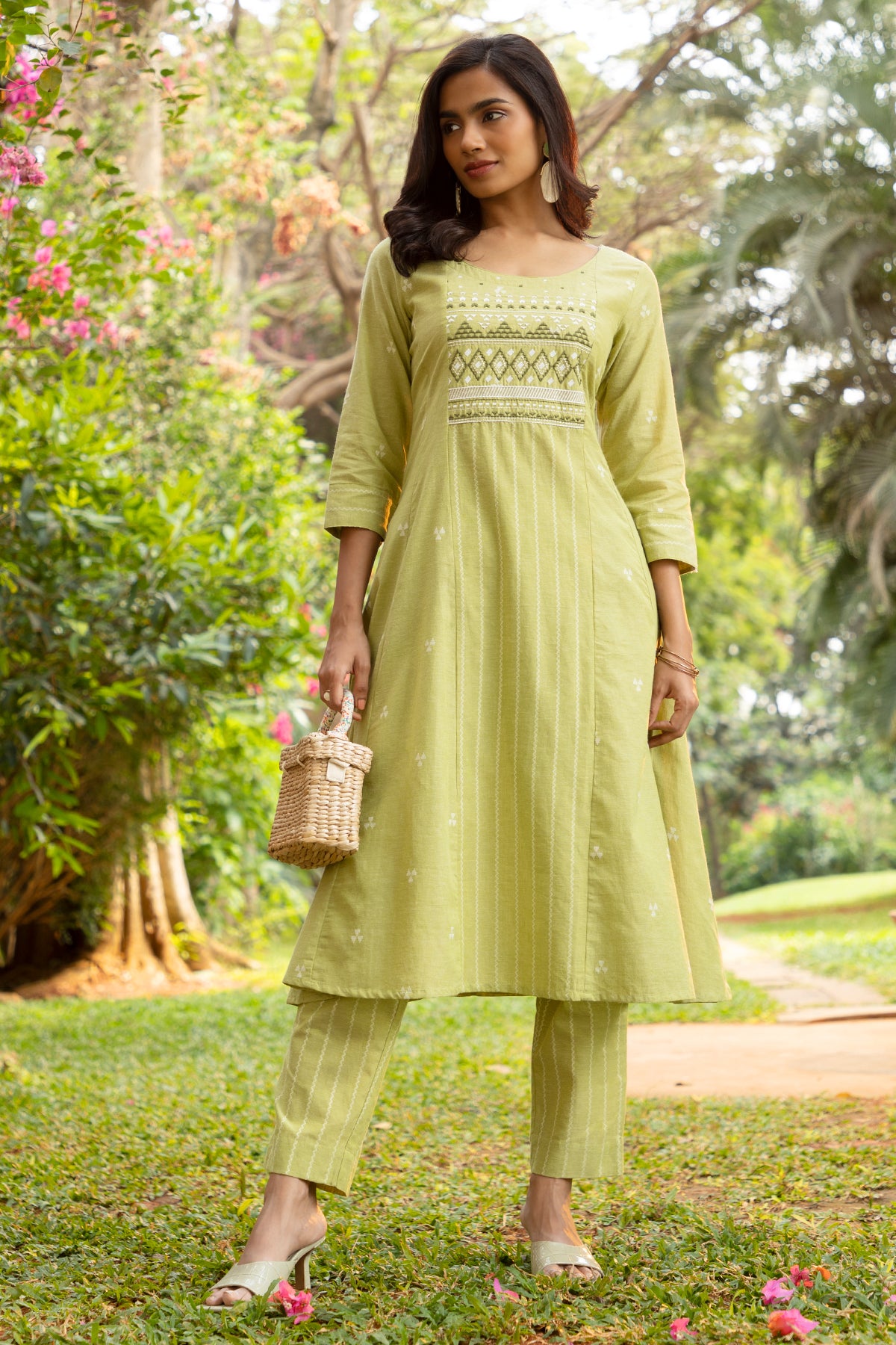 Dobby Weave Monochrome KurtaSet with Embroidered Yoke - Green