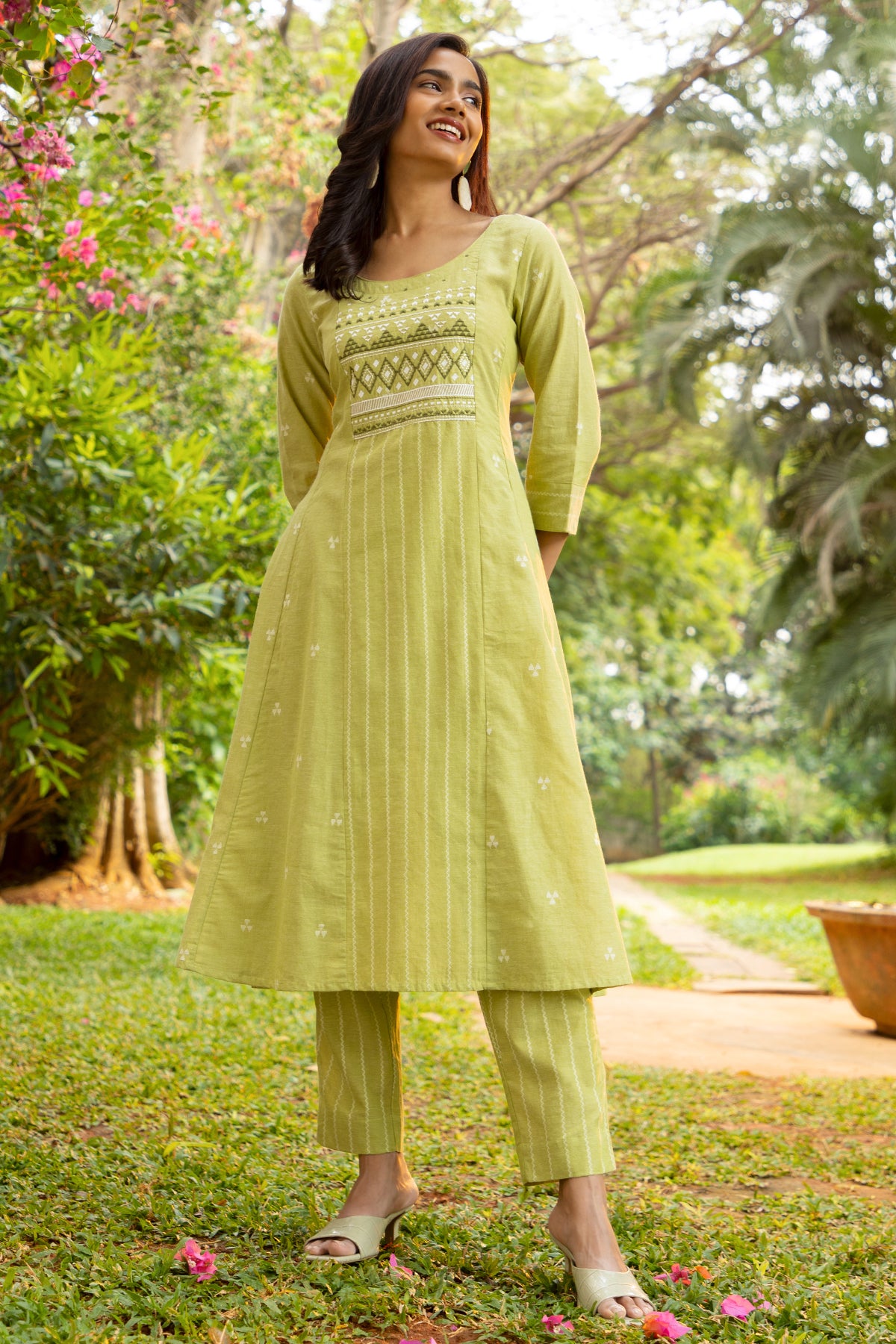 Dobby Weave Monochrome KurtaSet with Embroidered Yoke - Green