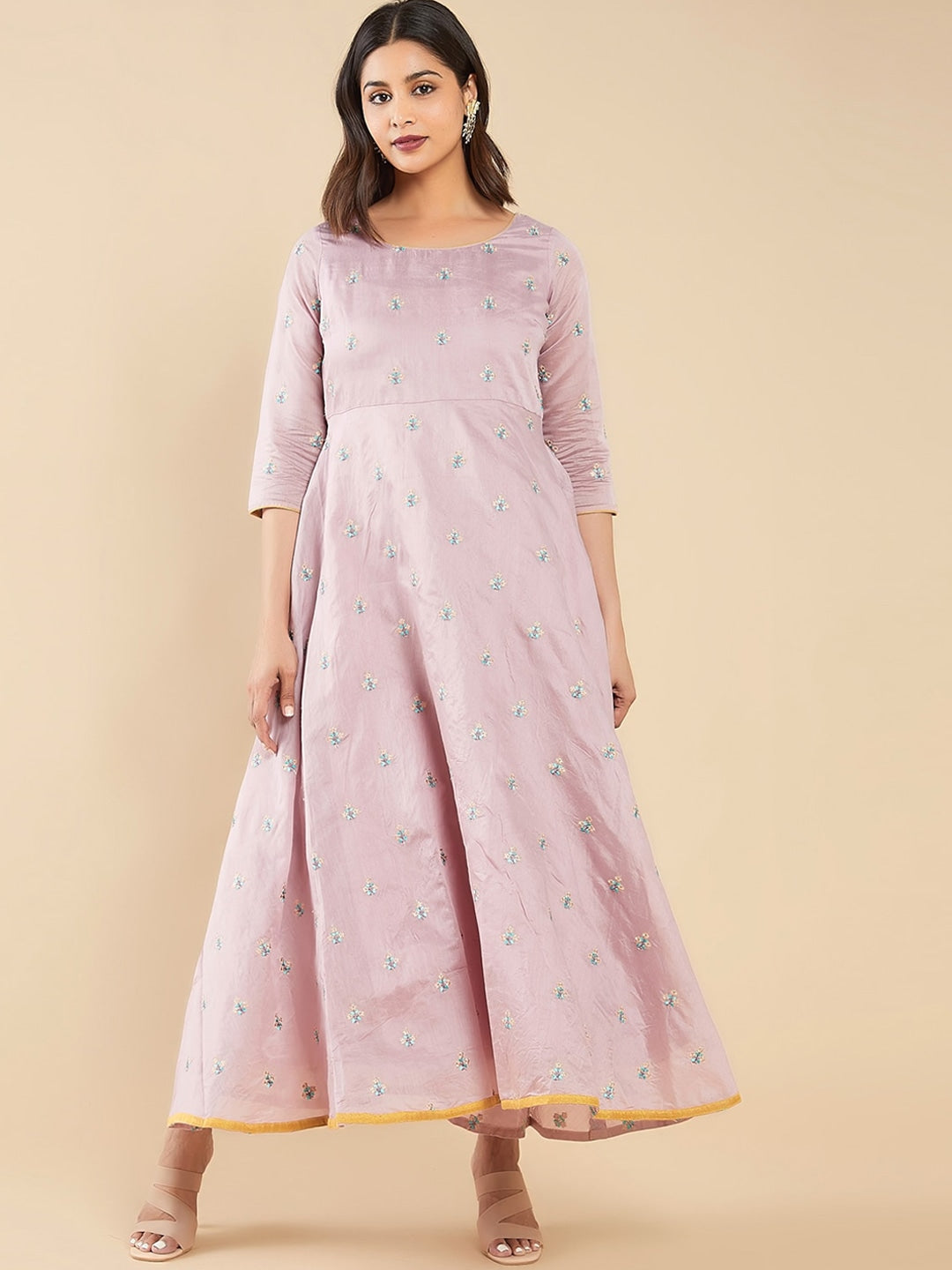 Floral Butta Embroidered Anarkali Pink