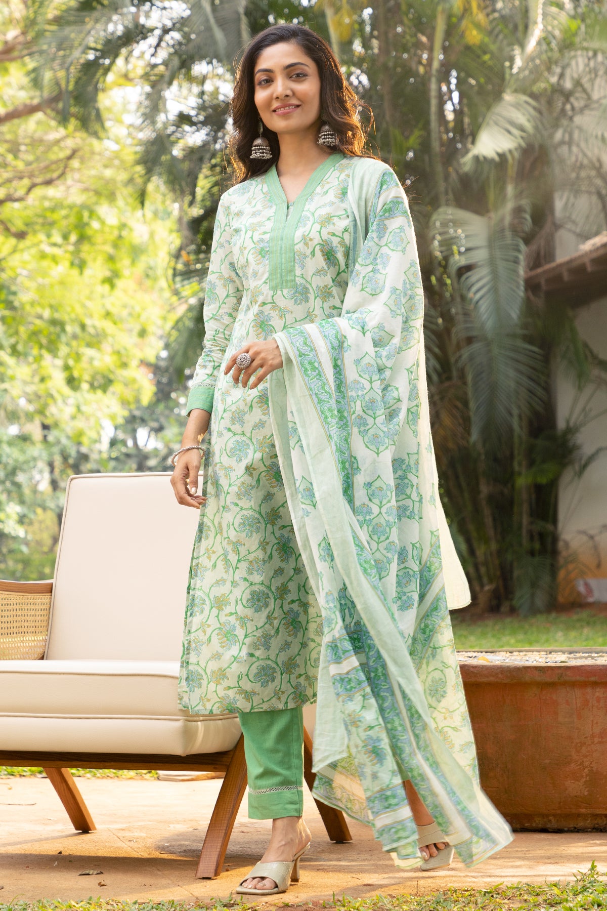 Floral Printed Cotton Kurta set - Green