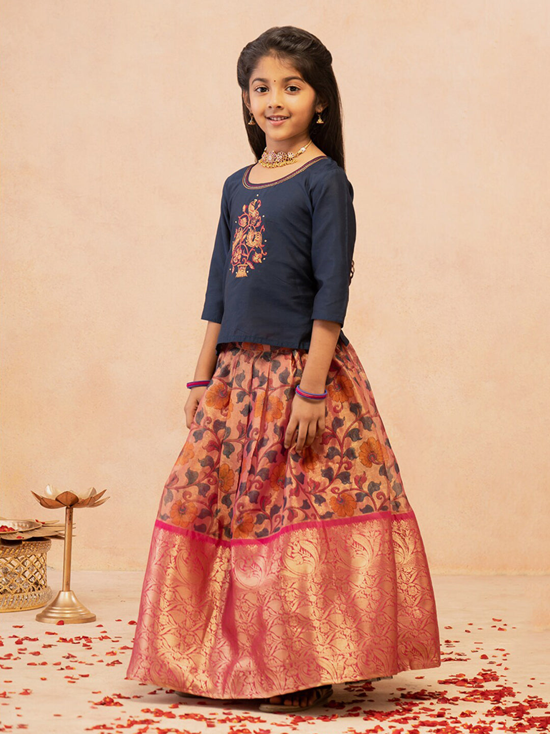 Contrast Placement  Peacock Embroidered Top All Over Digital Floral Skirt Set Navy Pink