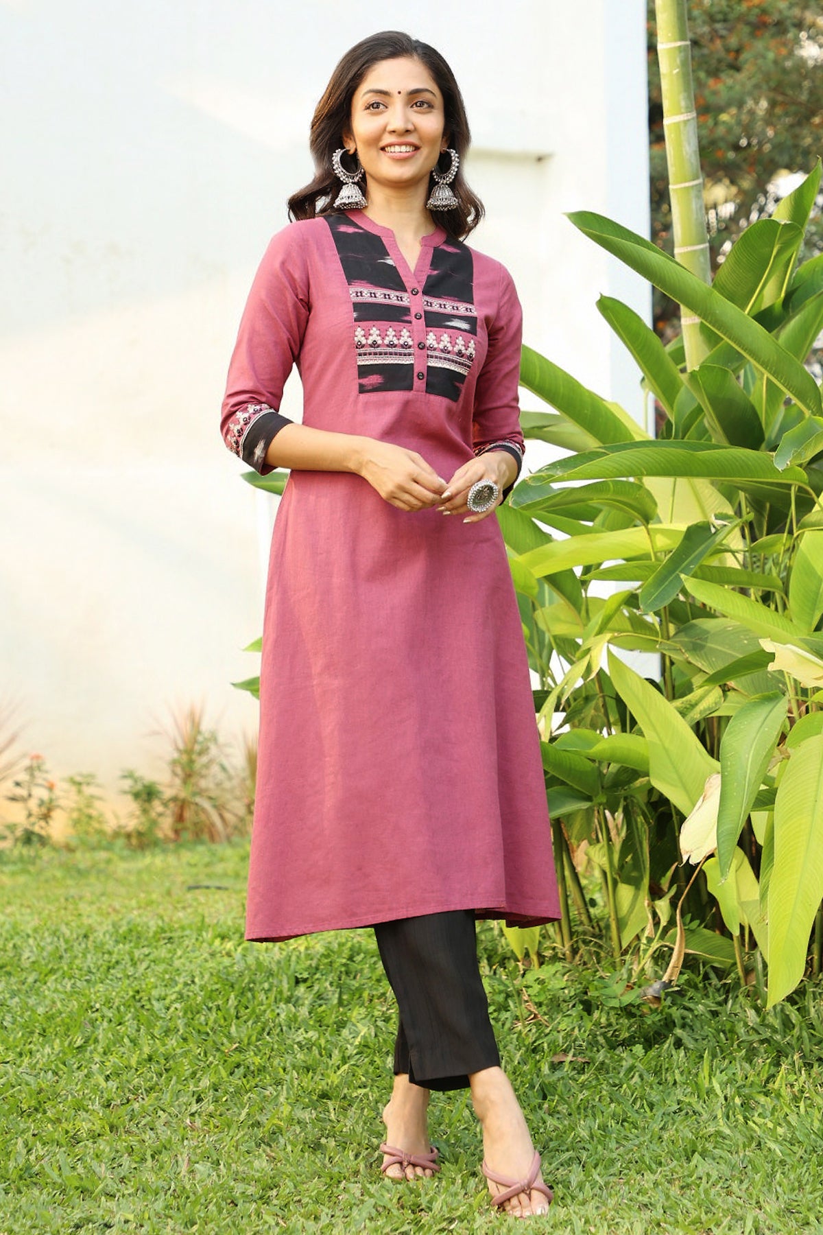 Solid A Line with Kurta with Ikkat Patchwork Yoke Purple