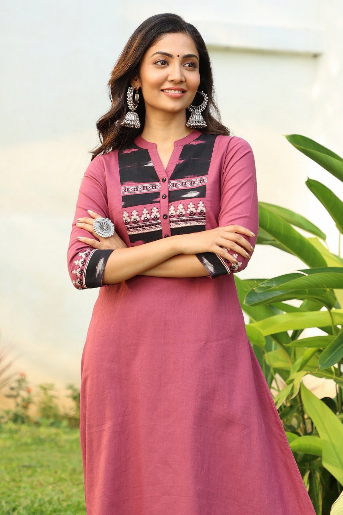 Solid A Line with Kurta with Ikkat Patchwork Yoke Purple