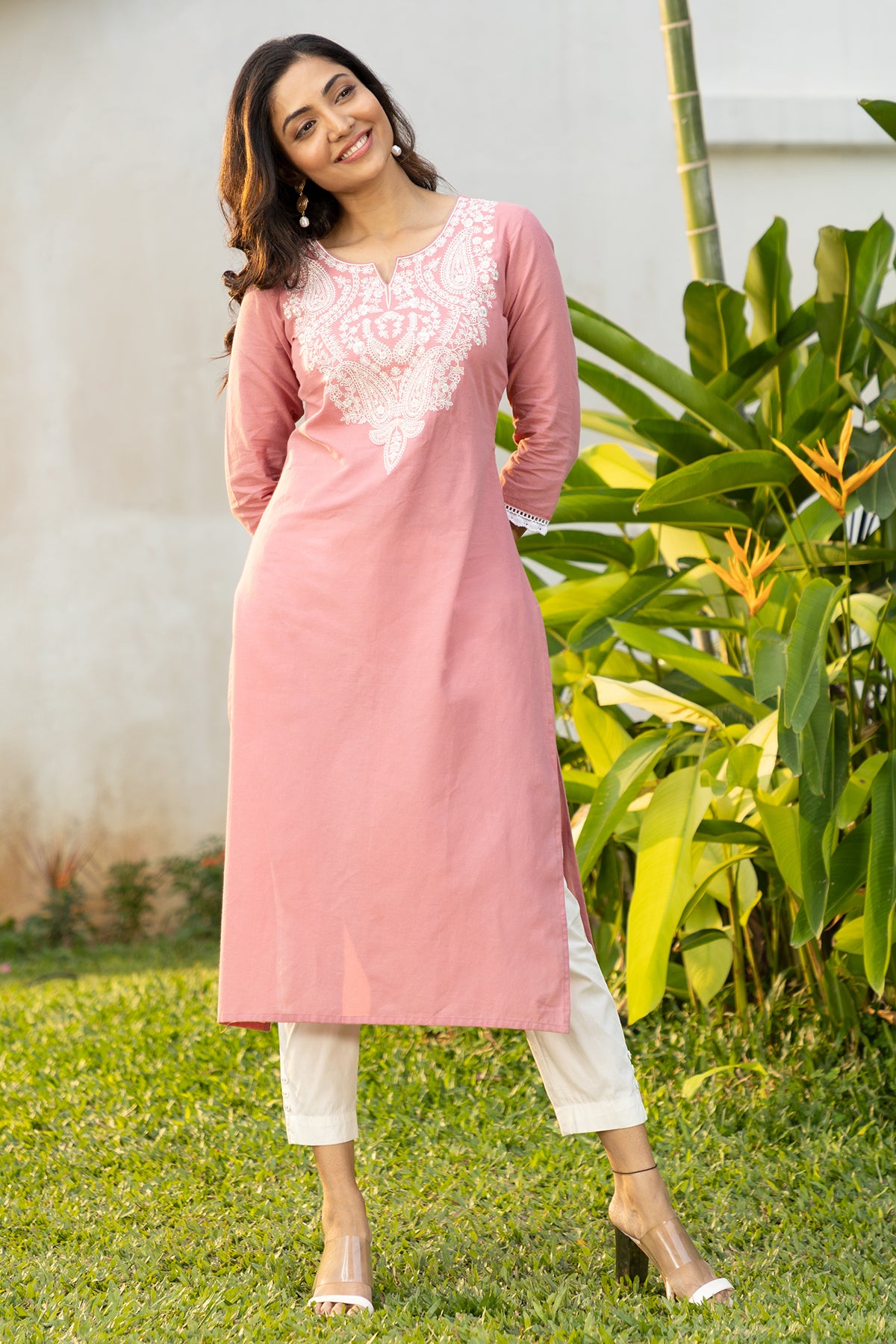 Solid Kurta in Pastel Hues with Paisley Embroidered Yoke - Pink