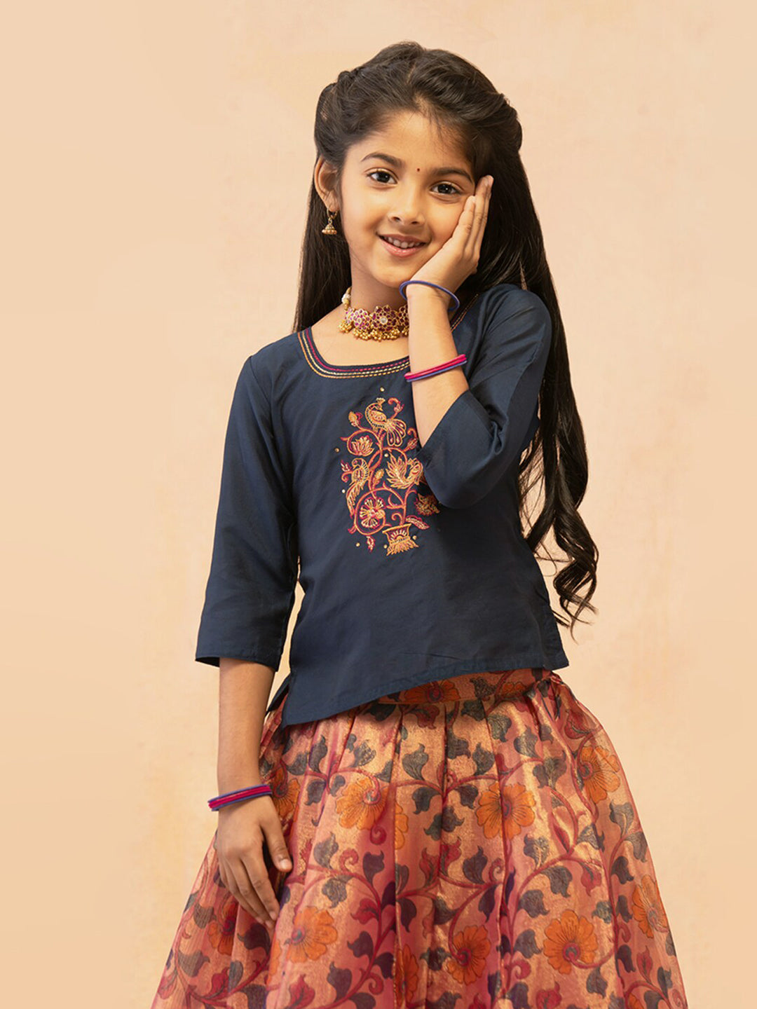 Contrast Placement  Peacock Embroidered Top & All Over Digital Floral Skirt Set - Navy & Pink