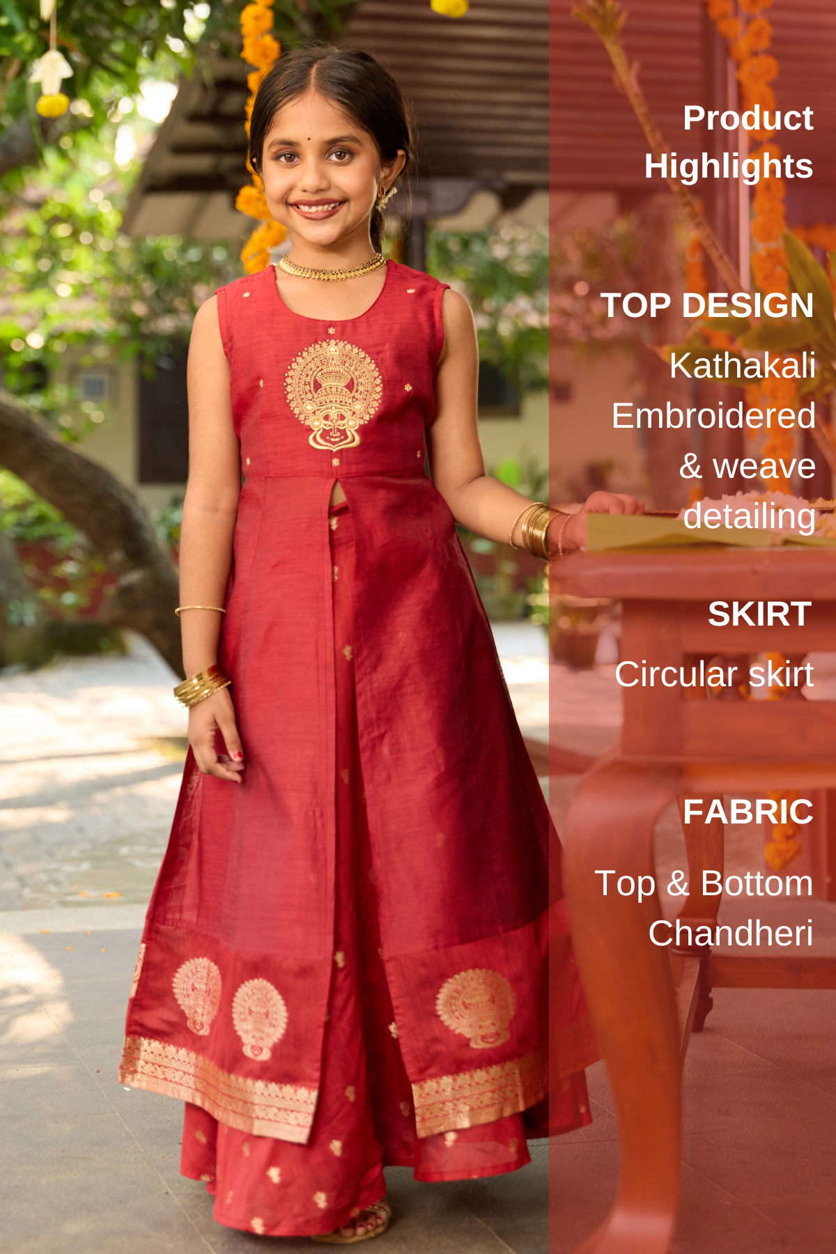 Red Kathakali Embroidered Chanderi Kids Skirt Set