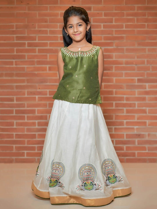 Contrast Floral Motif Embroidered Top &  Kathakali Applique Printed Skirt Set - Green & Off-White