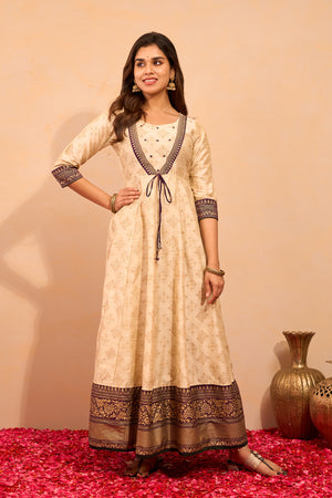 Floral Printed Foil Mirror Embellished Anarkali with Tie-up - Off-White
