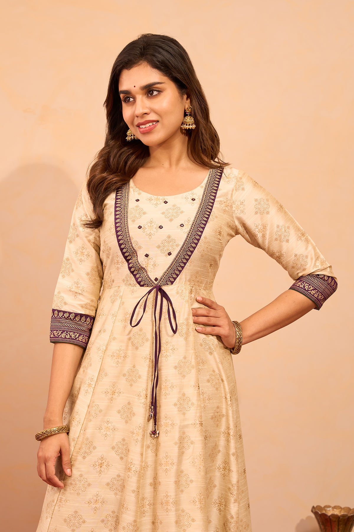 Floral Printed Foil Mirror Embellished Anarkali with Tie-up - Off-White
