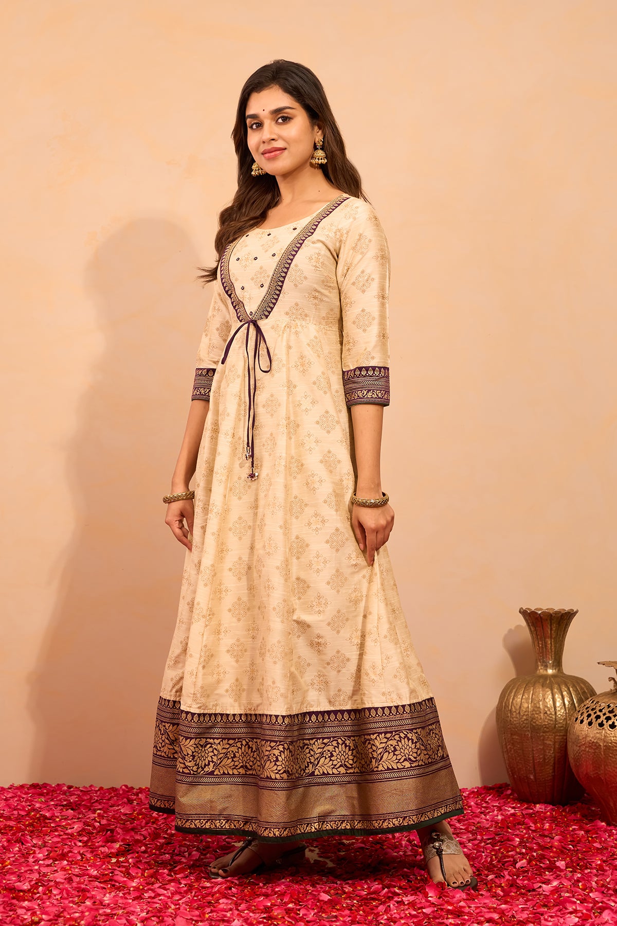 Floral Printed Foil Mirror Embellished Anarkali with Tie-up - Off-White