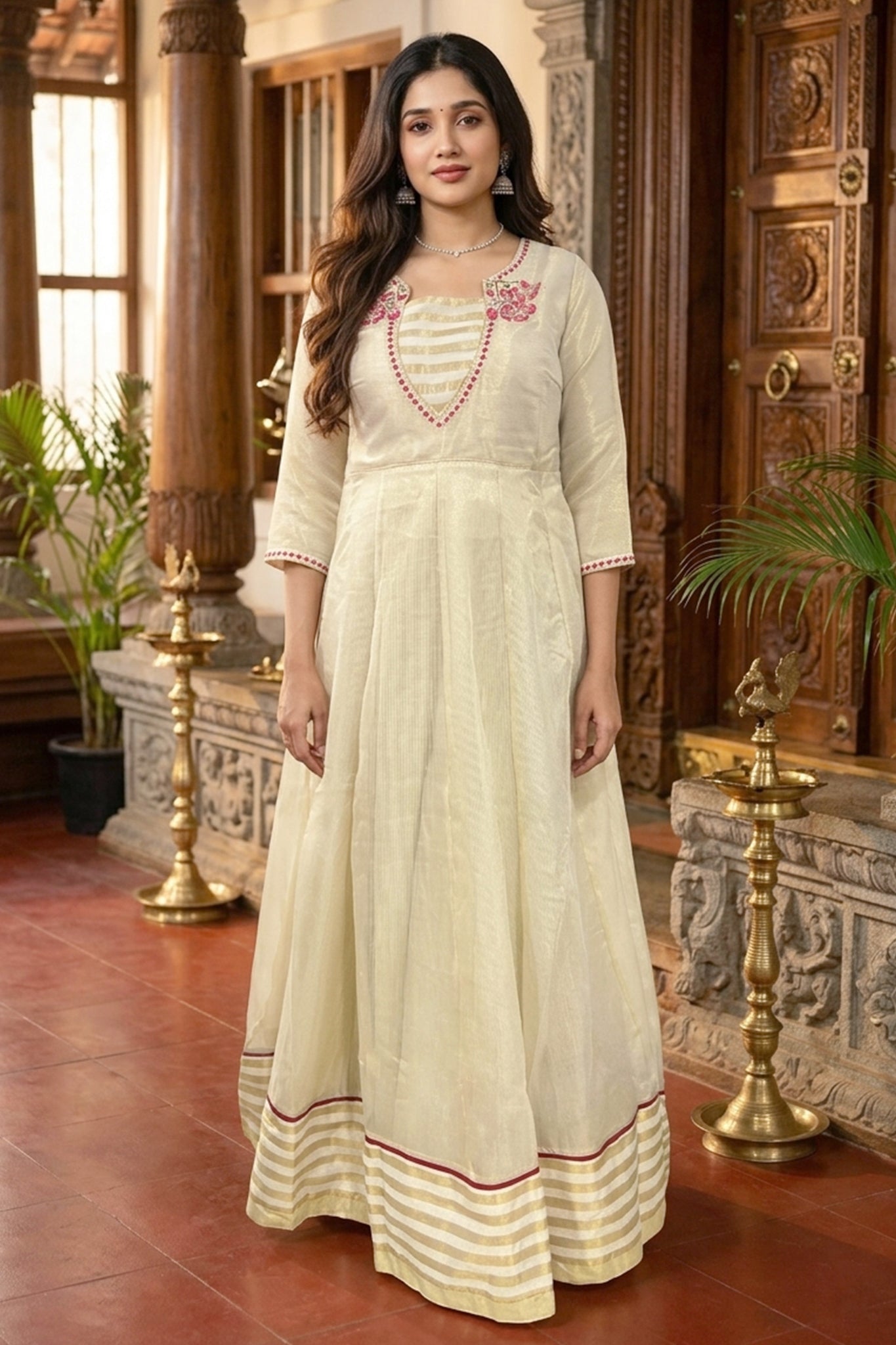 BEIGE ANARKALI WITH FLORAL NECK