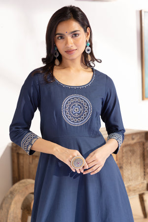 Kalamkari Anarkali with Manadala Embroidered Yoke - Blue
