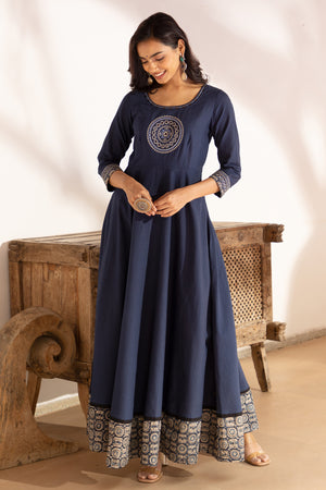 Kalamkari Anarkali with Manadala Embroidered Yoke - Blue